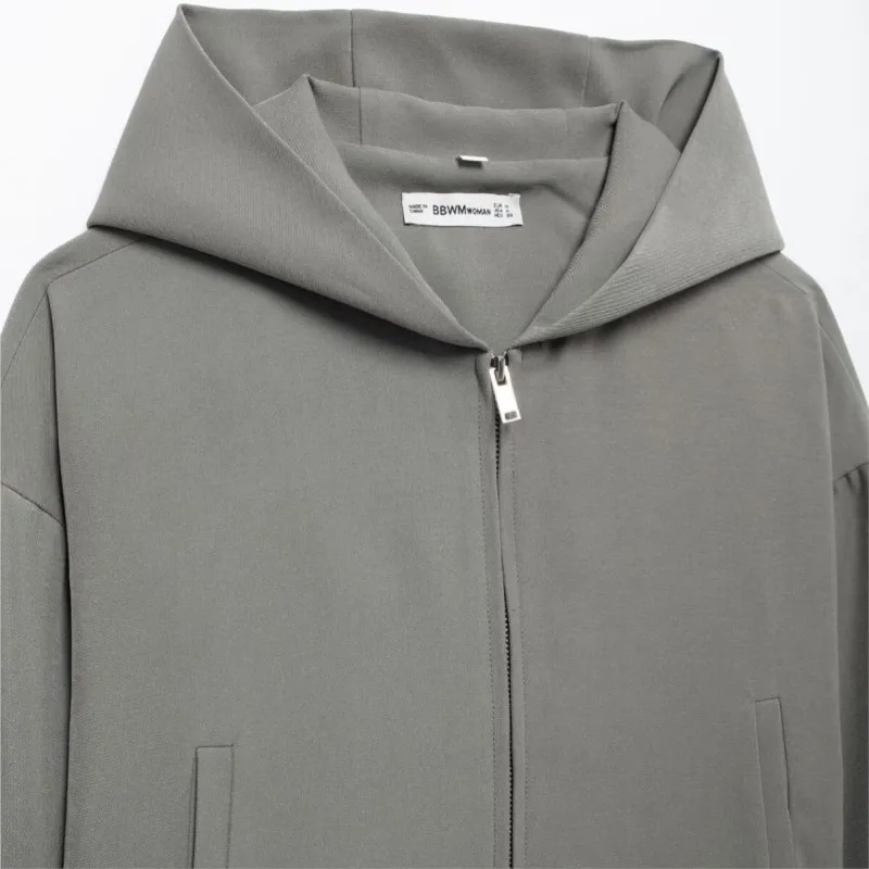 

2025 Autumn Womens French-Designed Hooded Solid-Color Short Jacket Zip Stylish Lightweight Outerwear Daily Casual Outfits Tops