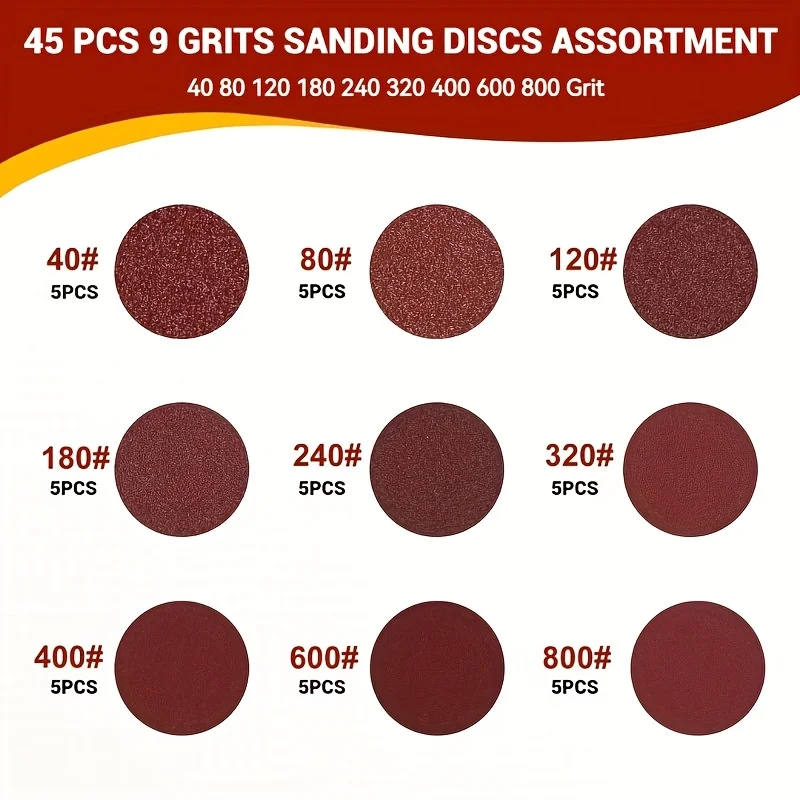 45Pcs 5 Inch 8‑Hole Sanding Discs Mixed Grit P40‑P800 Orbital Sander Sandpaper Pads for Random Orbital Sander
