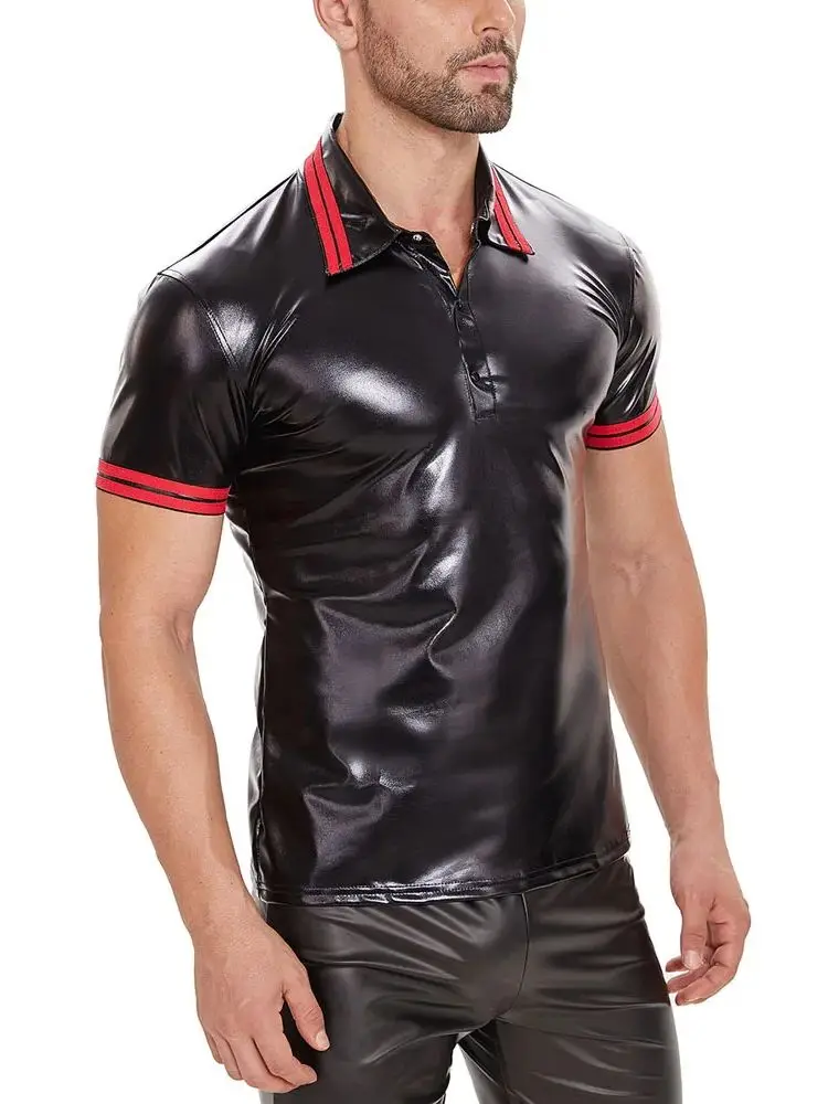 S-5XL Shiny Faux PU Leather Short Sleeve T Shirt Men Turn Down Collar Tshirt Tights Cosplay Hot Shapers Muscle Tees Clubwear Top