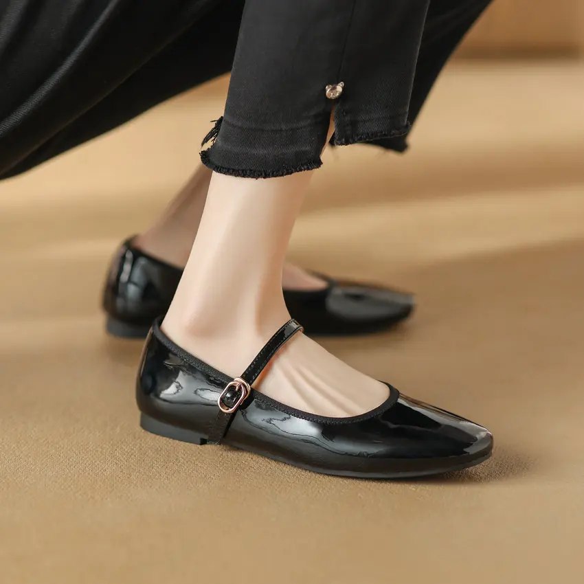 QUTAA 2024 Woman Mary Jane Shoes Patent Leather Flats Heels Black Buckles Casual Shoes Female Spring Summer Shoes Size 34-39