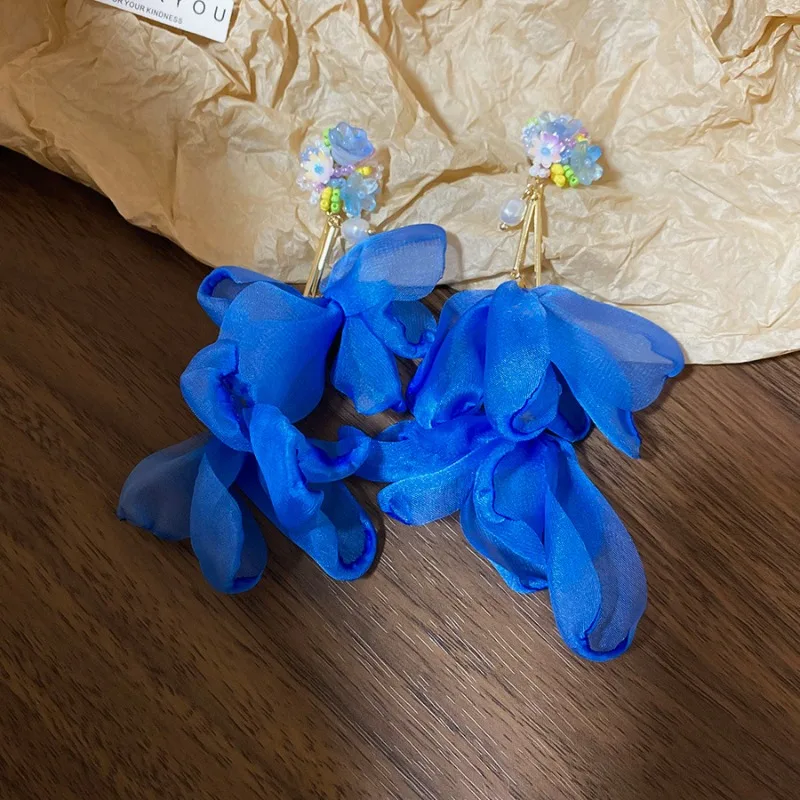 Blue Resin Chiffon Flower Dangle Earrings for Women Beach Vacation Windshield Beads Long Earring Fresh Fashion Jewelry Out B1