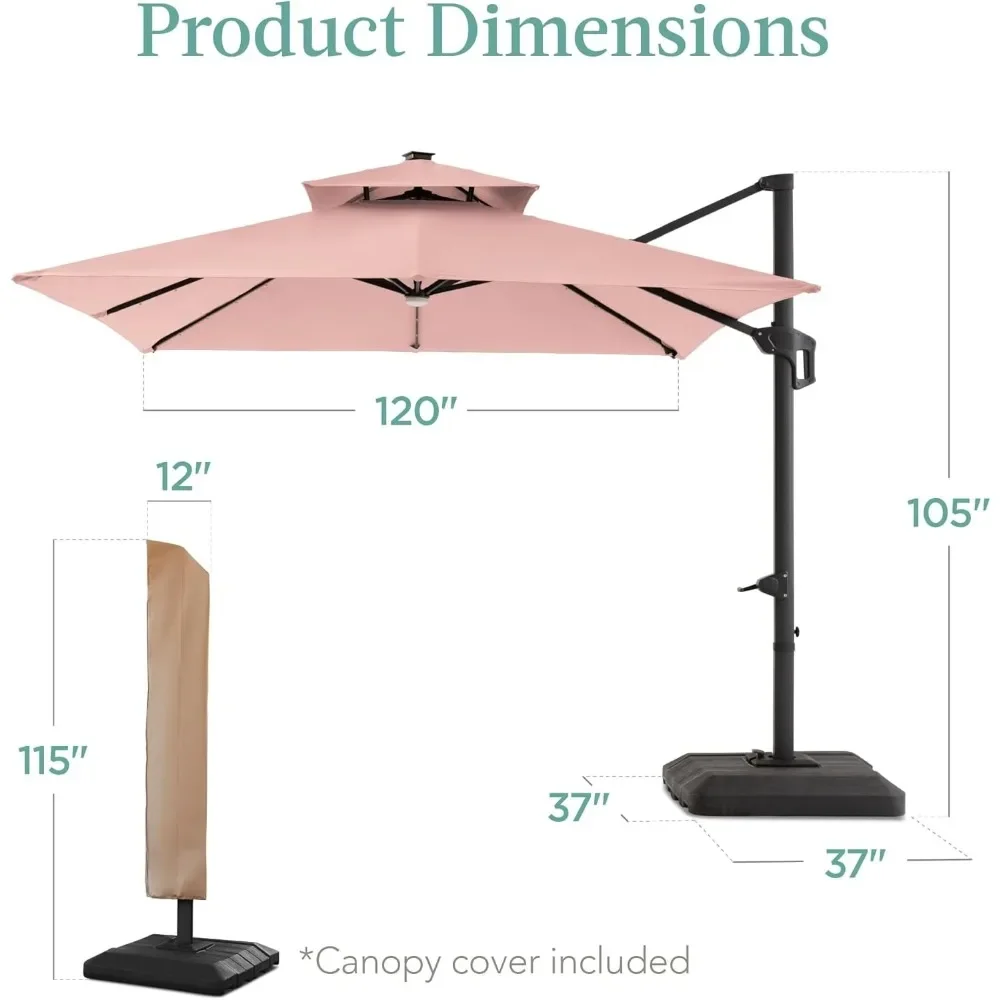 2-Tier Square Cantilever Patio Umbrella with Solar LED Lights, Offset Hanging Outdoor Sun Shade for Backyard , 360 Rotation