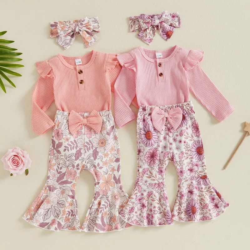 

Baby Girl Spring Outfits Solid Color Buttons Long Sleeve Rompers Floral Print Flare Pants Headband 3Pcs Clothes Set