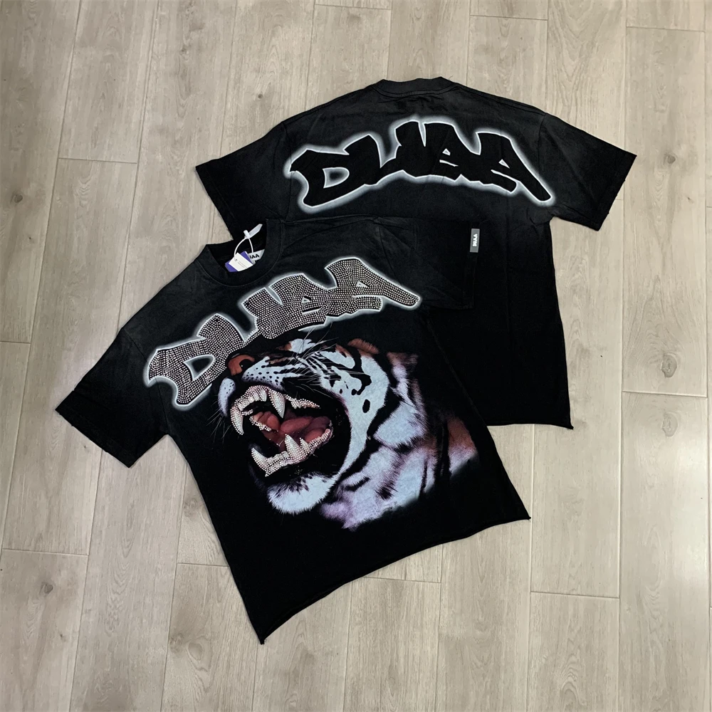 Washed DUAA Tiger Print Ripped Vintage Short Sleeve T-shirt Men Women High Quality T Shirt Tops Tee