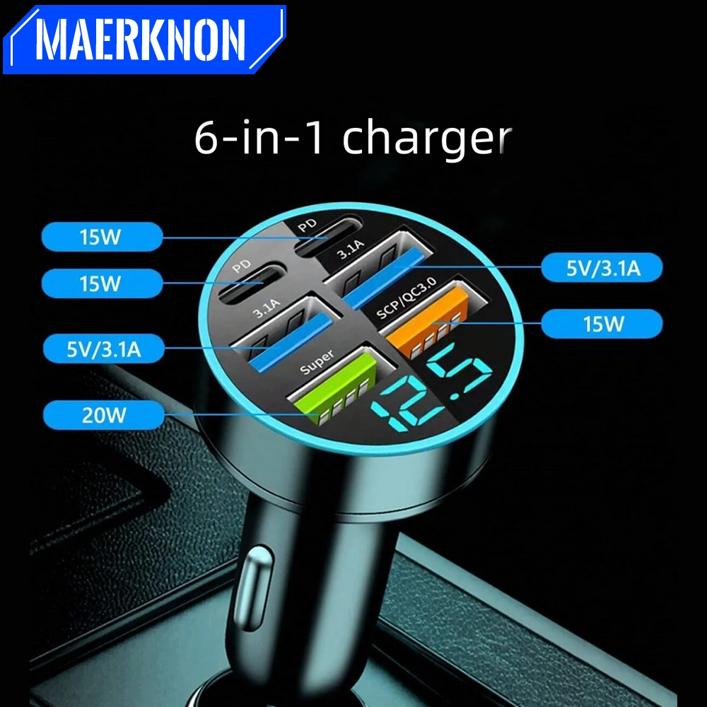 Car Charger 6 in 1 Fast Charging PD QC3.0 USB C with Voltage Monitor for iPhone Samsung Vivo OPPO Oneplus Mobile Phones