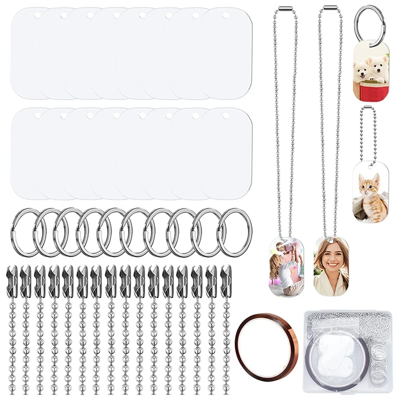 44Pcs Sublimation Stamping Blank Aluminum Dog Tags, With Chain Necklace Chain Key Rings Heat Tape For Pet ID, Pendant