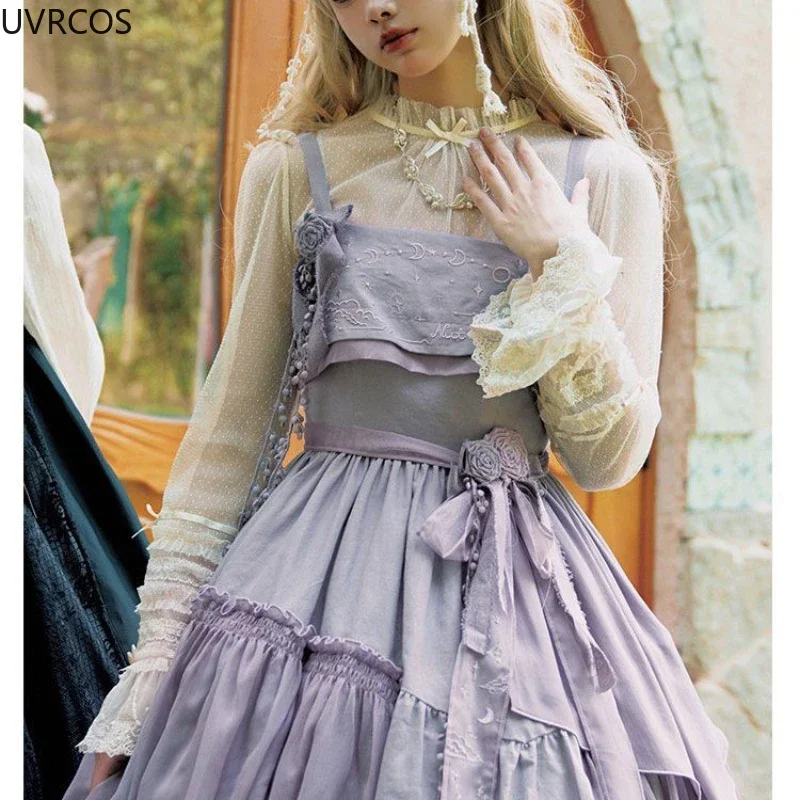 Dolce fiocco Roffles Maglia di pizzo Camicie a maniche lunghe Ragazze Kawaii Allentato Jsk All'interno Top Vittoriano Vintage Elegante Lolita Camicette Donna