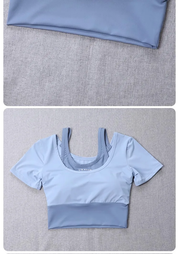 2-in-1-BH mit integriertem BH für Damen, enges Yoga-Oberteil, schnell trocknendes, kurzes Trainingsshirt, Sommer-Fitness-Training, kurze Ärmel – Detail 3