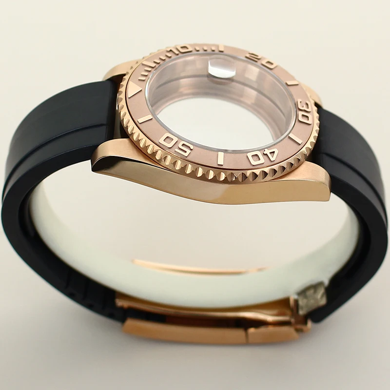 Rose Gold Case 40mm Ms. Watch Case Rubber Strap Sapphire Glass For NH35 NH36 NH34/38 Miyota8215 Eta 2824 Movement Ceramic Bezel