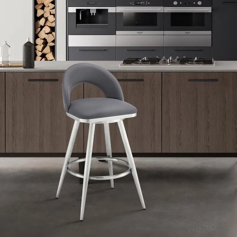 

Swivel Bar Stool in Brushed Stainless Steel with Gray Faux Leather Seating, Modern Design for Home Bar or Kitchen Counter