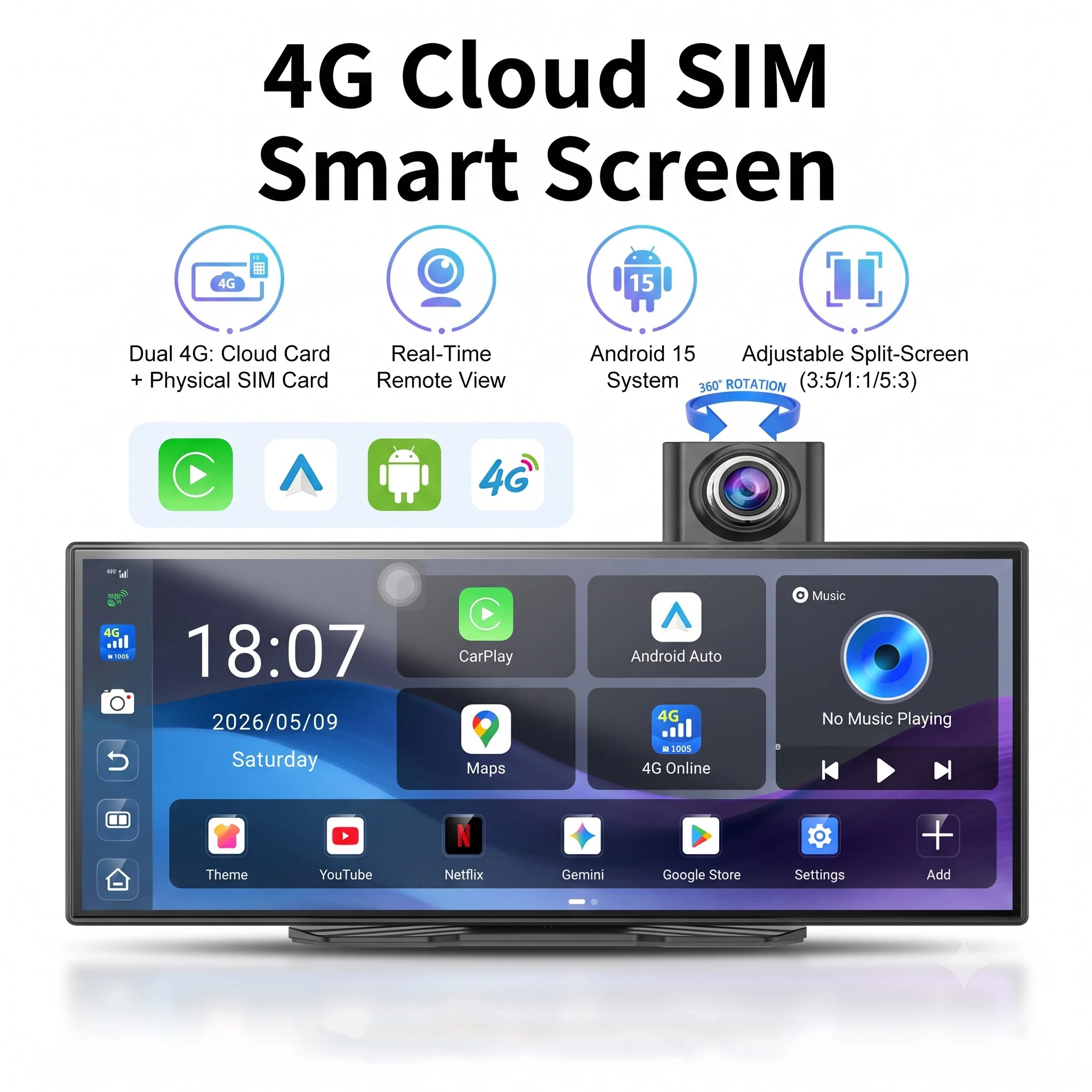 10.25 Inch CarPlay Android Auto Car Display Wireless Car Infotainment System Android 15 Split Screen Dash Cam GPS Navigation