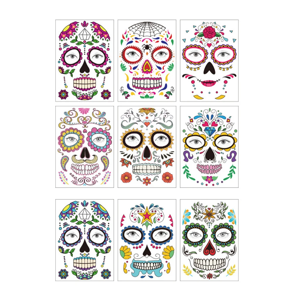 

9 Pcs Mexican Day of The Dead Tattoo Tattoos Face Stickers Child Scary Halloween