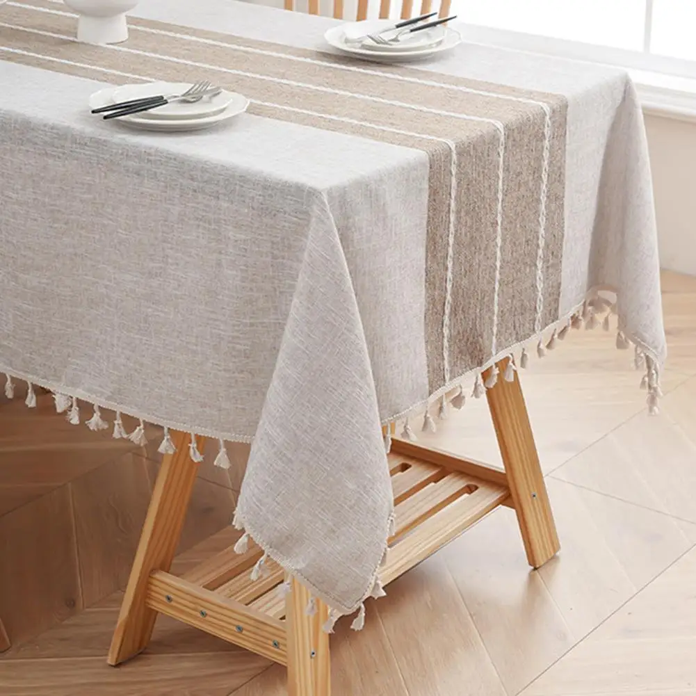Rectangular Tablecloth Cotton Linen Blend Waterproof Scratch Resistant Fringe Trim 140x180cm-140x300cm Farmhouse Dining Decor