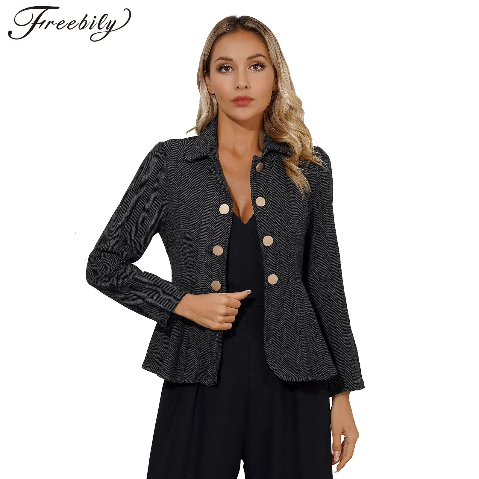 Women's Elegant Striped Blazer Suits Jacket OL Style Long Sleeve Double-Breasted Blazers Outerwear for Work Office Lady Workwear