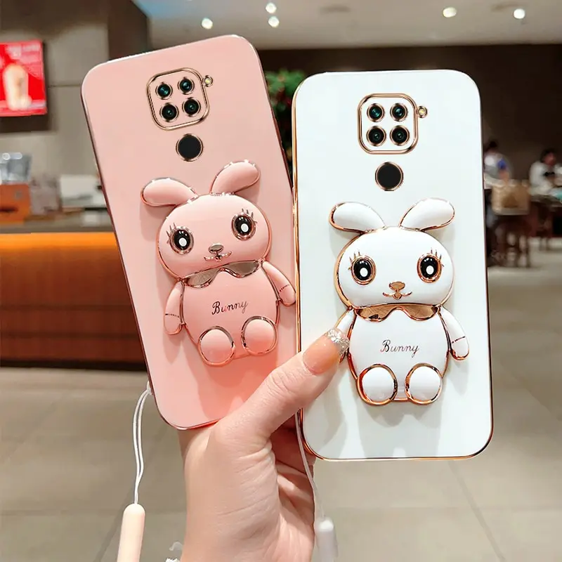 Phone Case for Xiaomi Redmi Note 9 4G Luxury Plating Cute Rabbit Fold Stand With Lanyard Phone Case Cover