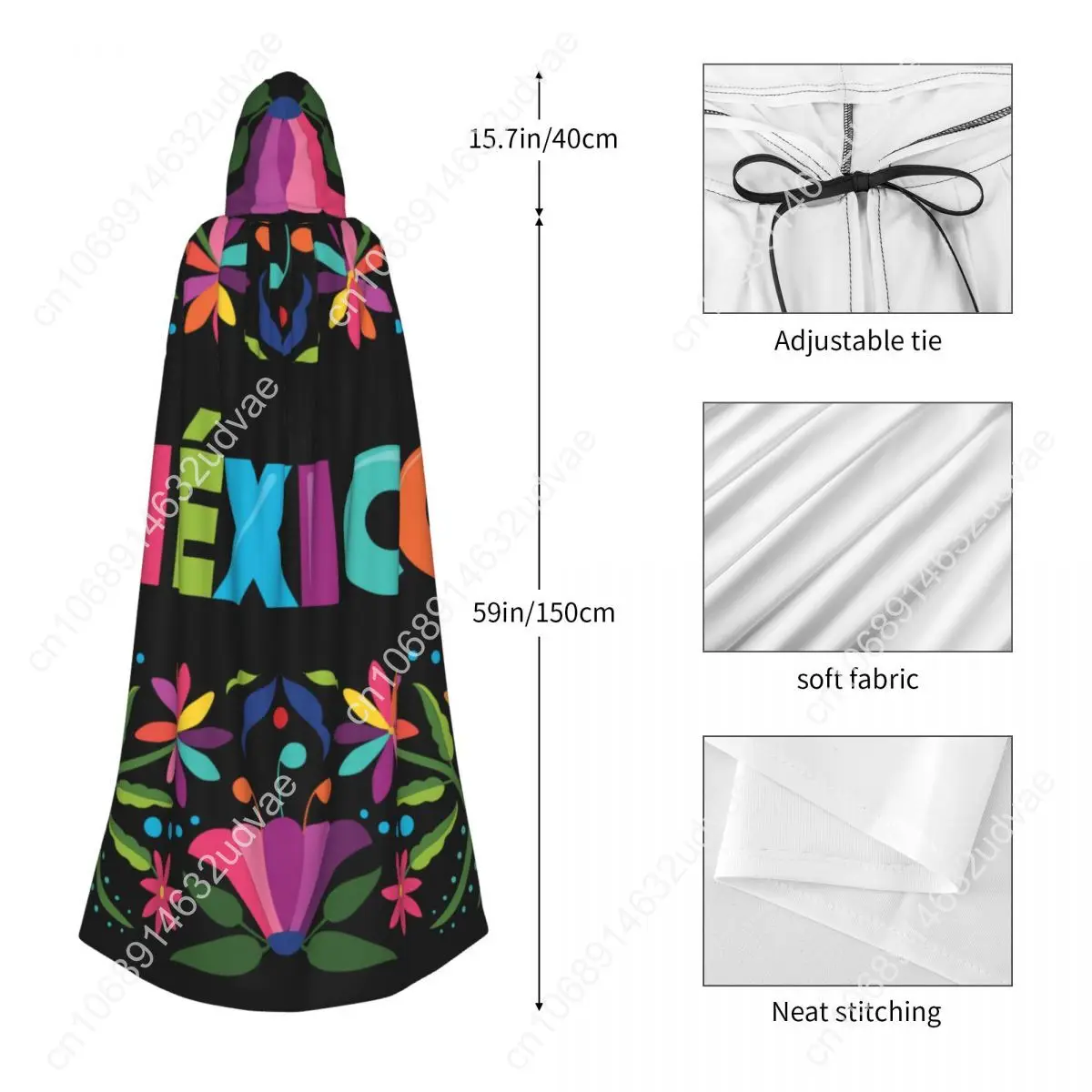 Colorful Mexican Traditional Pattern Hooded Cloak Polyester Unisex Witch Cape Costume Accessory