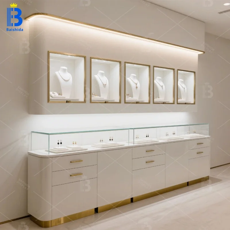 custom.American Style White Paint LED Jewelry Display Stand Custom Glass Lockable Wall Display Cabinet Customizable Jewelry Show