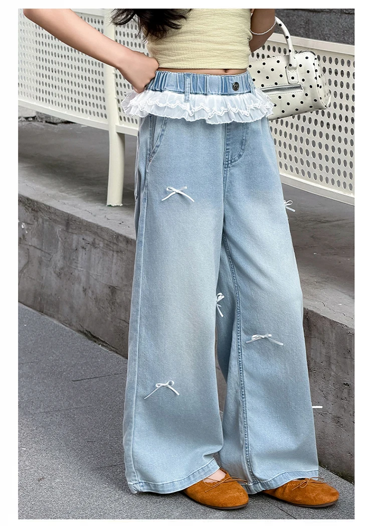 Neue Süße Schleifenjeans mit Spitze für Teenager-Mädchen, Beliebte Hochgeschnittene Gerade Denim-Hosen, Kinder Casual Sommer-Jeans-Hosen – Detail 7