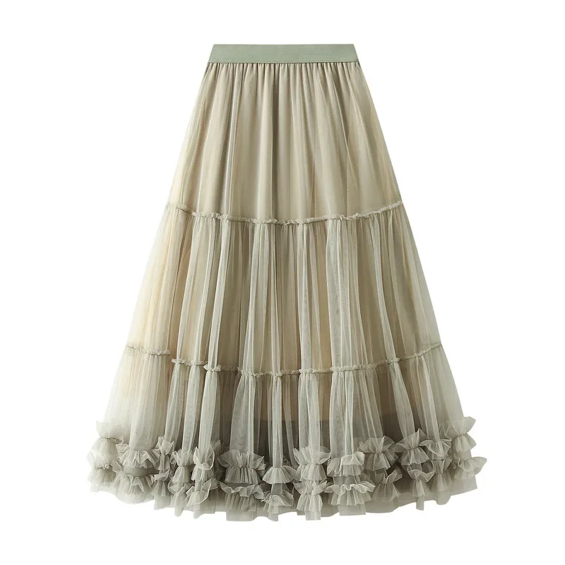 

2025 High Waist Long Sweet Mesh Max Pleated Skirt Heavy Industry Wooden Ear Stitching Big Swing Puffy Tulle Skirt Women Female