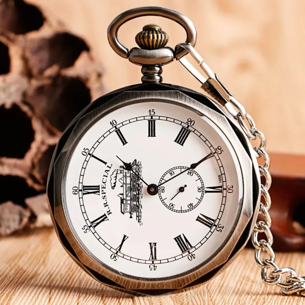 Reloj Mecánico Fob para hombres y mujeres, reloj de bolsillo con números romanos, esqueleto mecánico, hueco, Steampunk, bobinado a mano, cadena de regalo