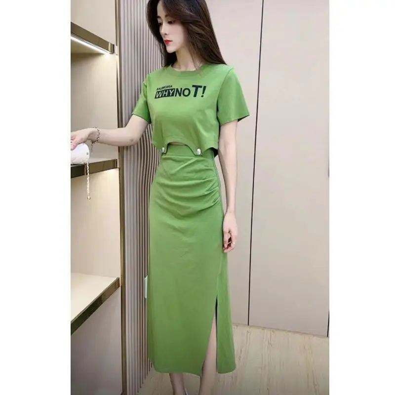 2023 Summer New Suit Women\'s Korean Letter-printed Short-sleeved T-shirt Medium and Long Slit Two-piece Set New in Matching Sets