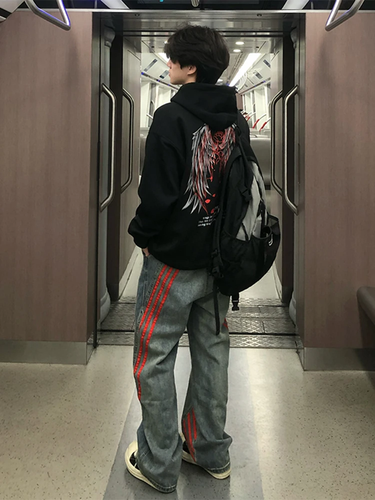 

Light Blue Men's Wide Leg Jeans American Retro Tee Stripe Cleanfit Straight Leg Long Pants Youth Faion Casual Loose Fit