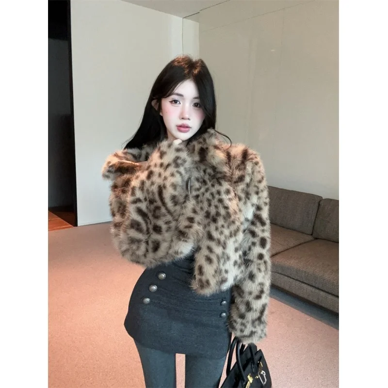 

Retro Leopard Print Fur Jaet Women's ort Sli Plu Top Coat Winter Warm French Sle Polyester Fiber Long Sve