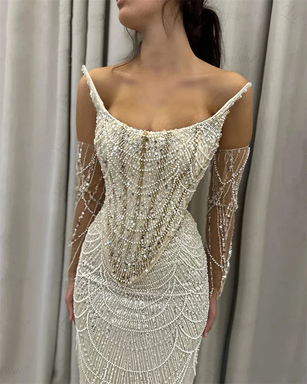 Spaghetti Straps 3 Pieces Suit Mermaid Sequined Evening Dresses Champagne Pearls Beaded Formal Prom Party Gowns فساتين سهرة