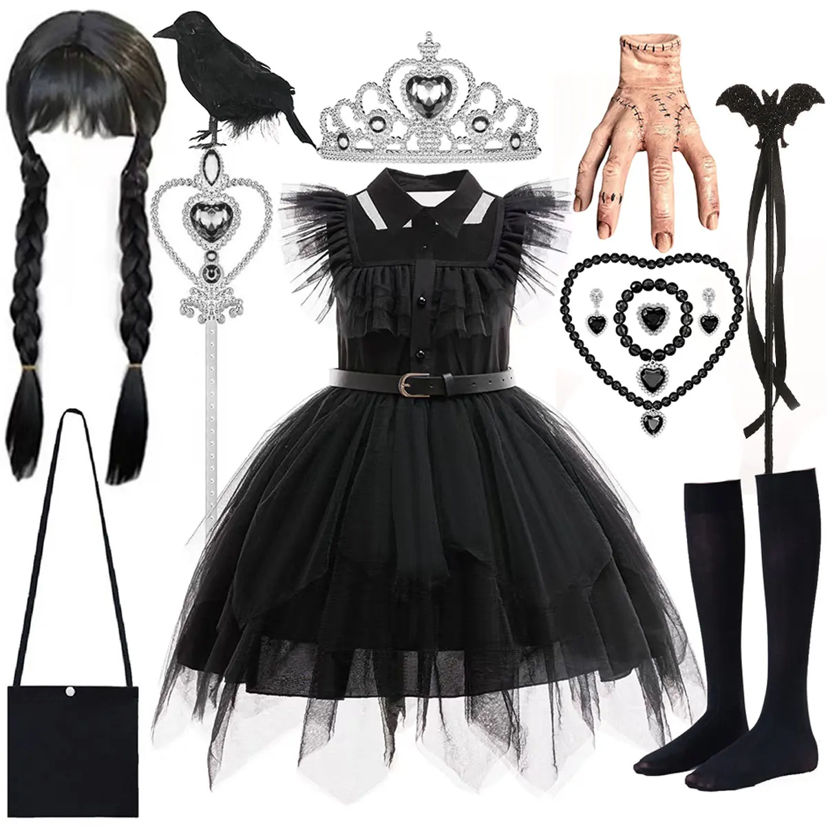 

Halloween Horror Black Sleeveless Lace Princess Dress Girl Role-Playing Wen. Merchant's Own Dress + Fake hands Accessories Set