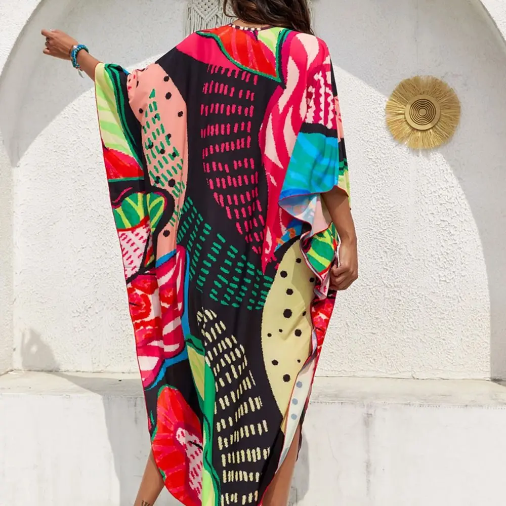 

Модная летняя пляжная накидка-смок с V-образным вырезом, длинная свободная рубашка-платье для пляжного отдыха, для женщин