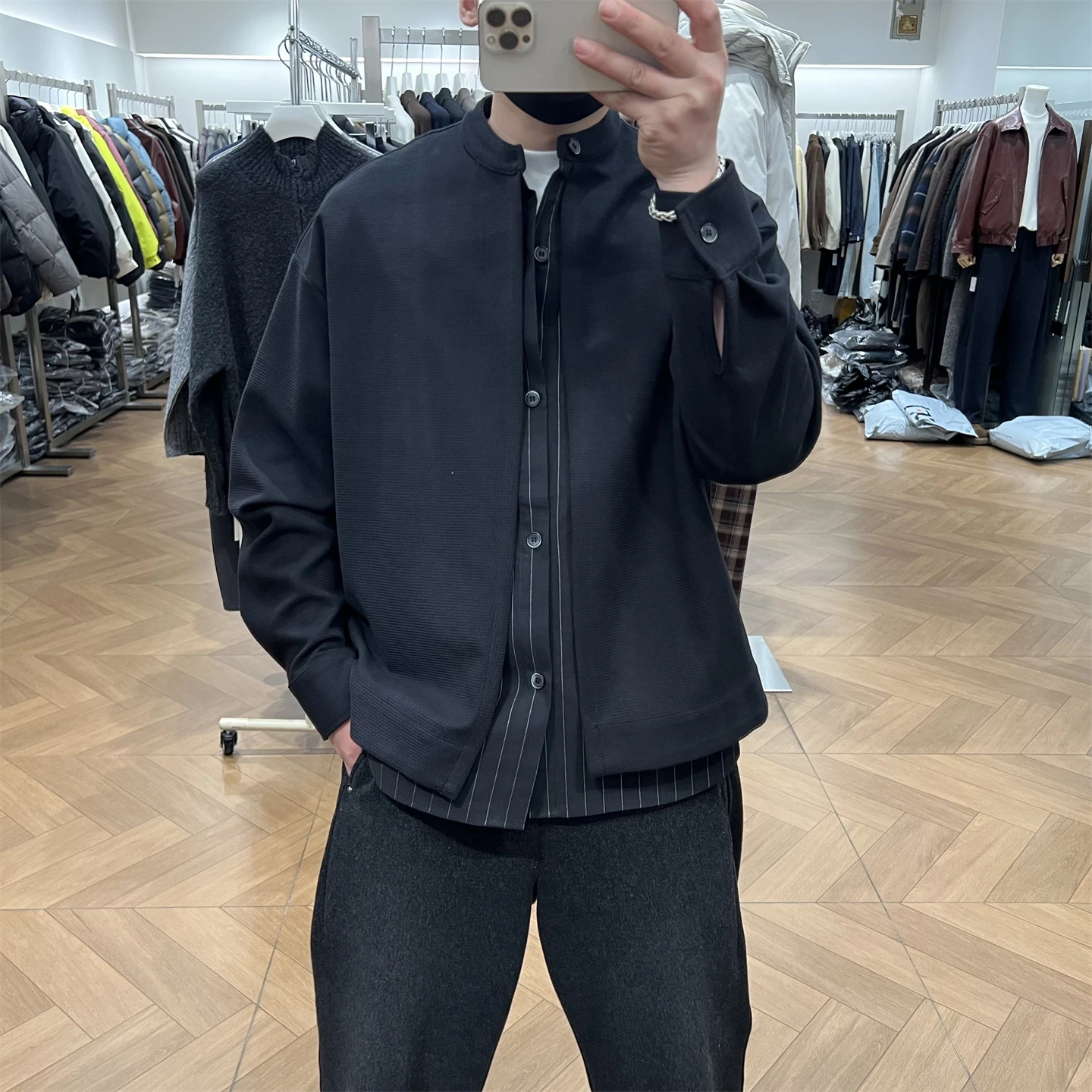 

Retro Striped irt Patchwork Loose Knitted Jaet Men's American Sle Henry Collar Jaet Spring New Arrival HZK