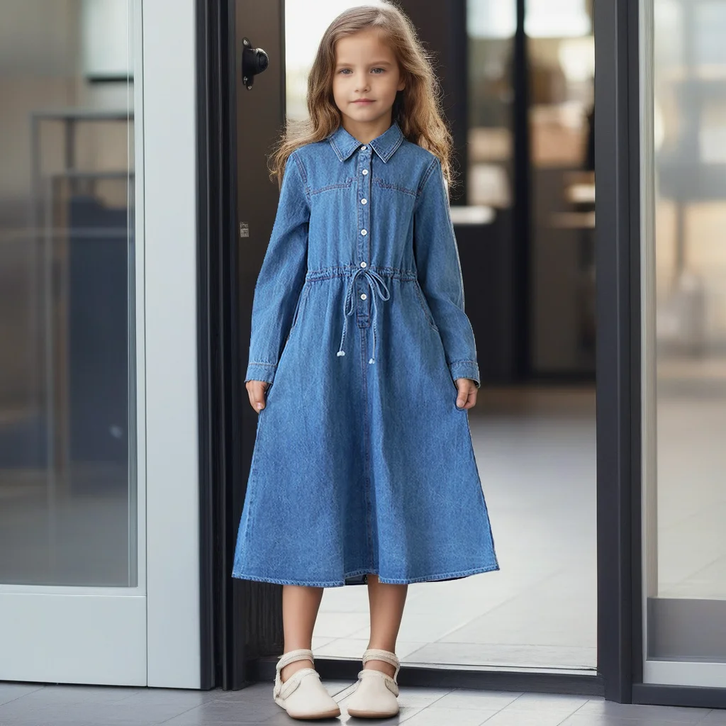 

Осеннее джинсовое платье для девочек, синее повседневное детское платье с длинными рукавами, универсальные повседневные платья принцессы с регулируемой талией и завязками для детей