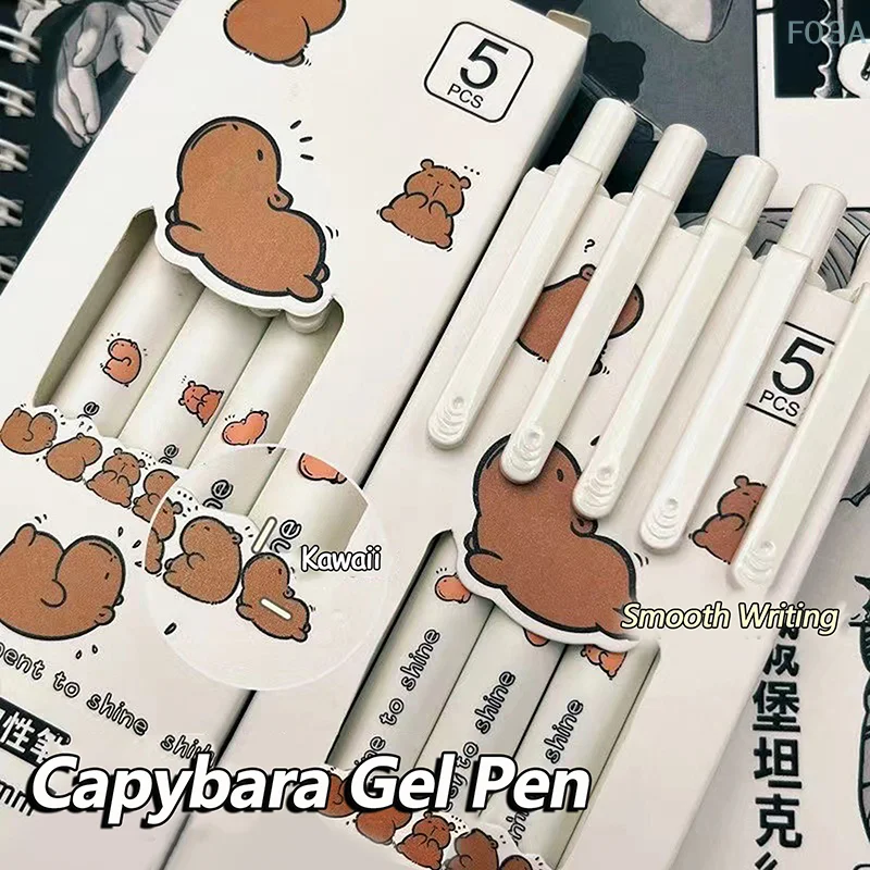 5 pezzi Capybara Penne gel Cartoon Penne ad asciugatura rapida Penne a pressione Scrittura fluida Penne neutre Cancelleria per ufficio Divertente