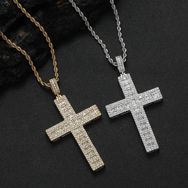 Hip Hop 5A+ CZ Stone Bling Iced Out Cross Pendant Necklace for Men Rapper Jewelry Gold Silver Color