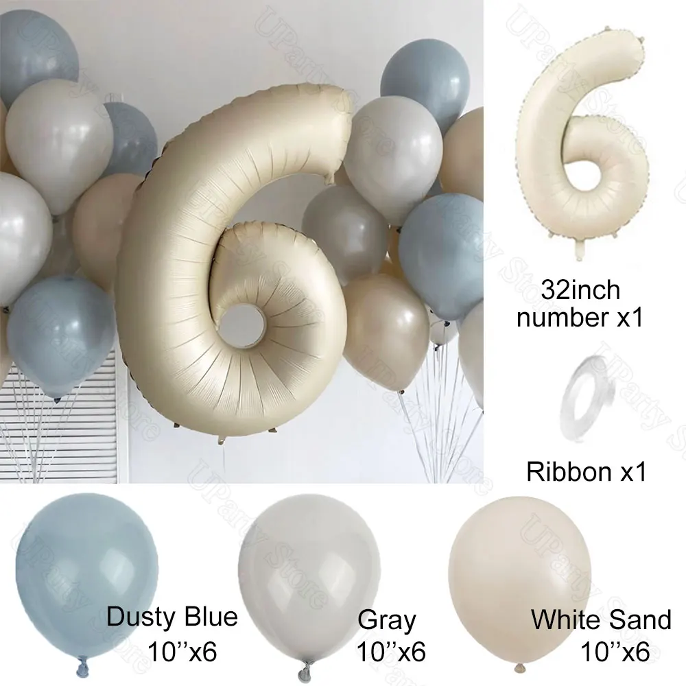 20Pcs Beige Number Foil Balloons Digit 1 2 3 4 5 6 7 8 9 White Sand Gray Haze Dusty Blue Balloon for Birthday Anniversary Decor