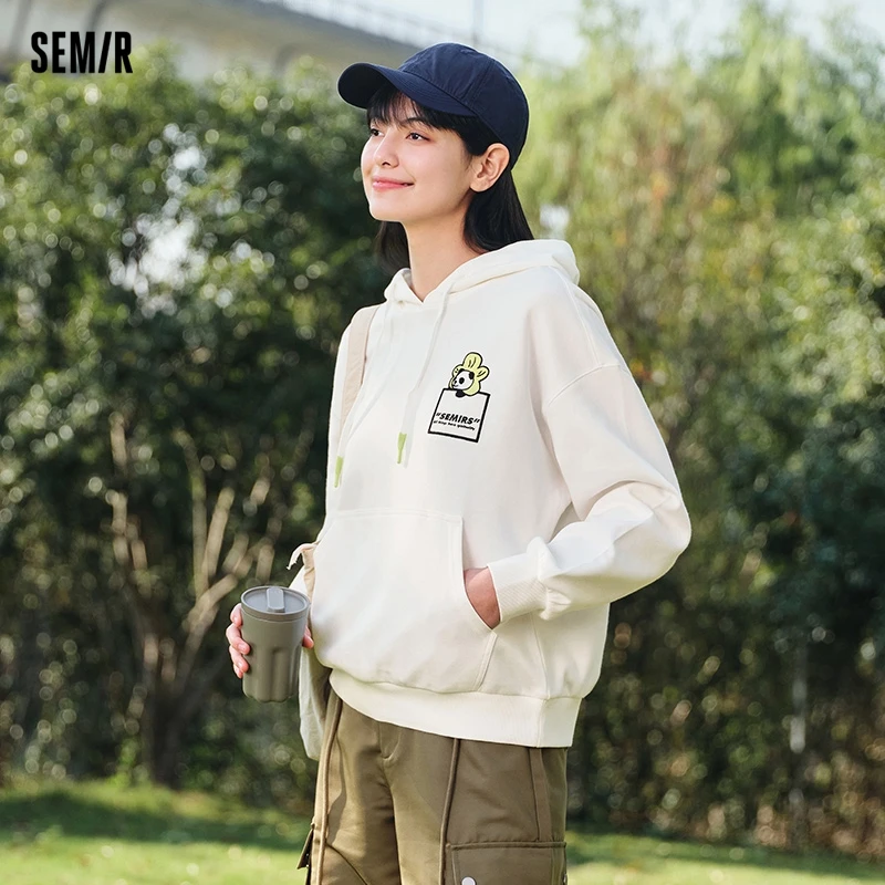 Semir 2024 Sweatshirt Women Embroidered Letter Off-Shoulder Trendy Spring Design Casual Loose Hooded Clothing Personality Top