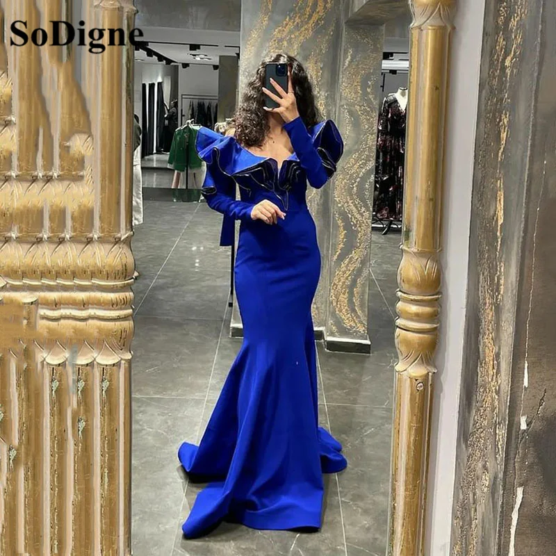 

SoDigne Mermaid Saudi Arabia Prom Party Dresses Bule Ruched Neck Long Sleeves Women Evening Dress Slit Event Gowns For Women