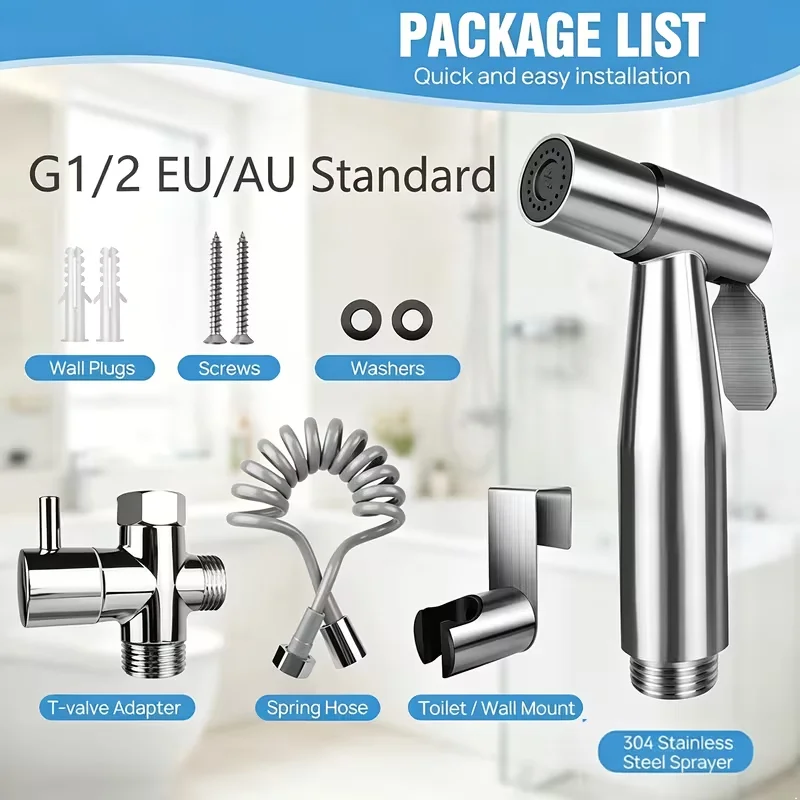 Stainless Steel Handheld Bidet Sprayer for Toilet with Adjustable Pressure Brass T-Valve Multipurpose Bidet Sprayer Kit
