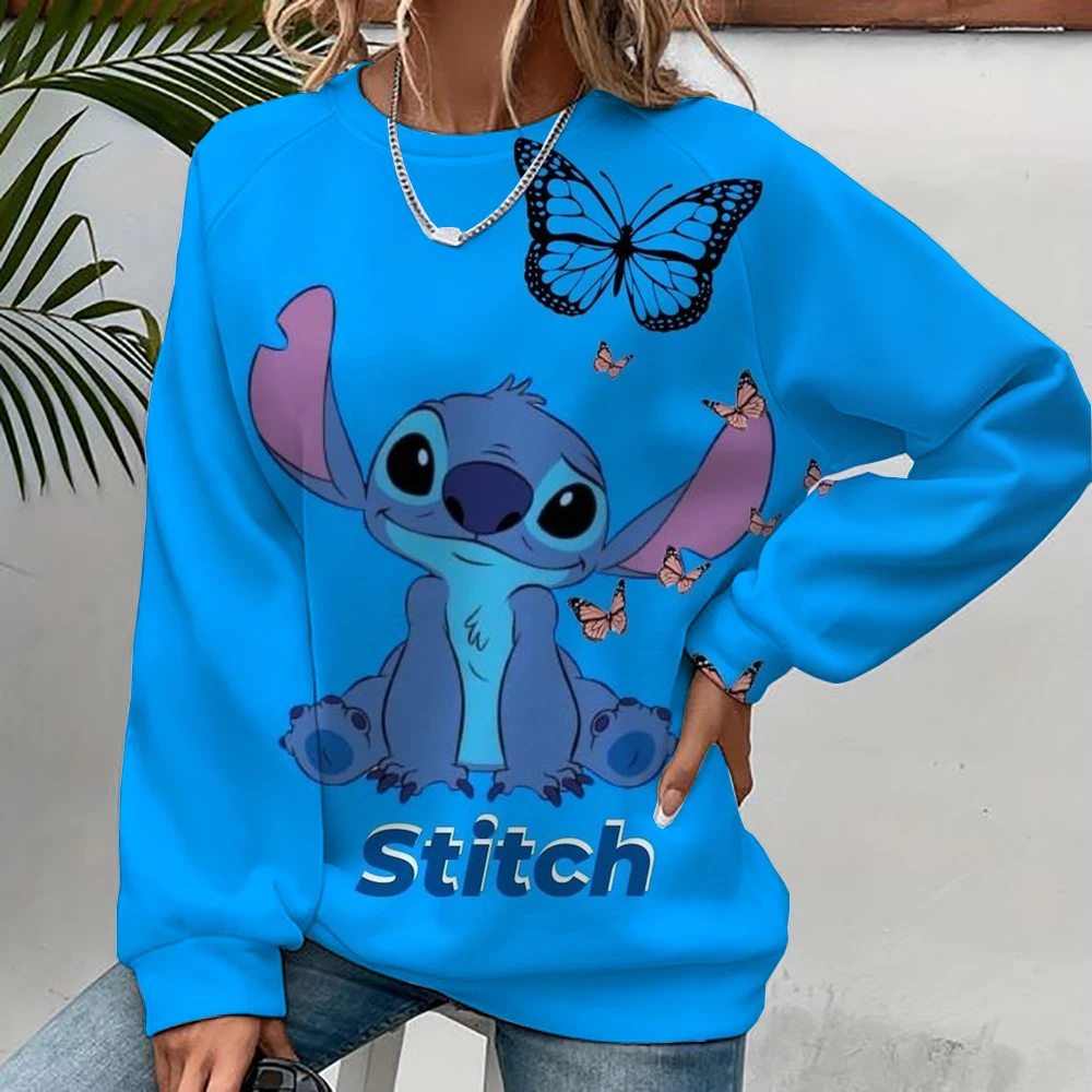 2024 New Cartoon Disney Cute Lilo & Stitch Ladies Sweatshirt Crew Neck Loose Pullover Autumn Fun Print Long Sleeve Top