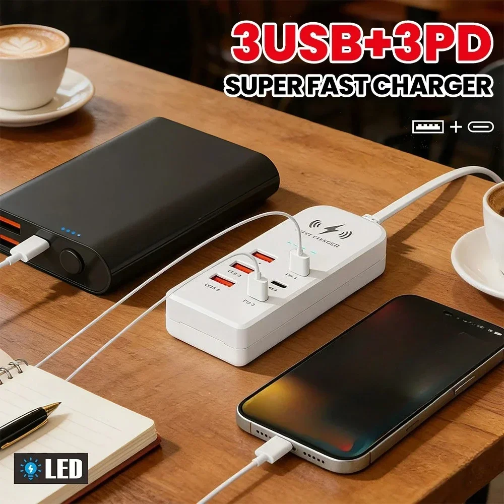 6 in 1 USB Charger Type C Fast Charging Wall Charger Multiport USB Type C Hub Adapter EU/US Plug Quick Charger Expander Socket