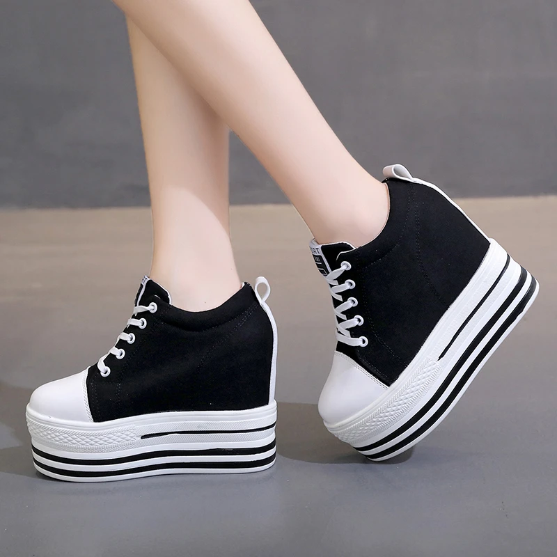 Super high heel platform sneakers women spring and autumn slope with casual canvas shoes black fashion single shoes flat loafers