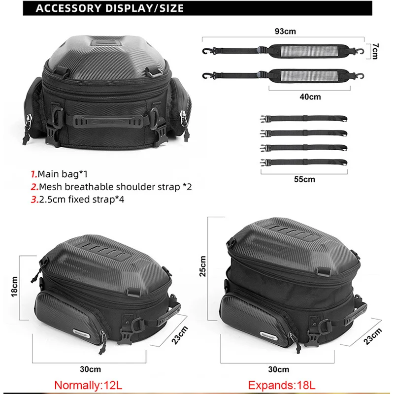 Borsa da coda per moto espandibile Rhinowalk Zaino da viaggio per motore di grande capacità con guscio rigido in EVA Borsa per sedile posteriore