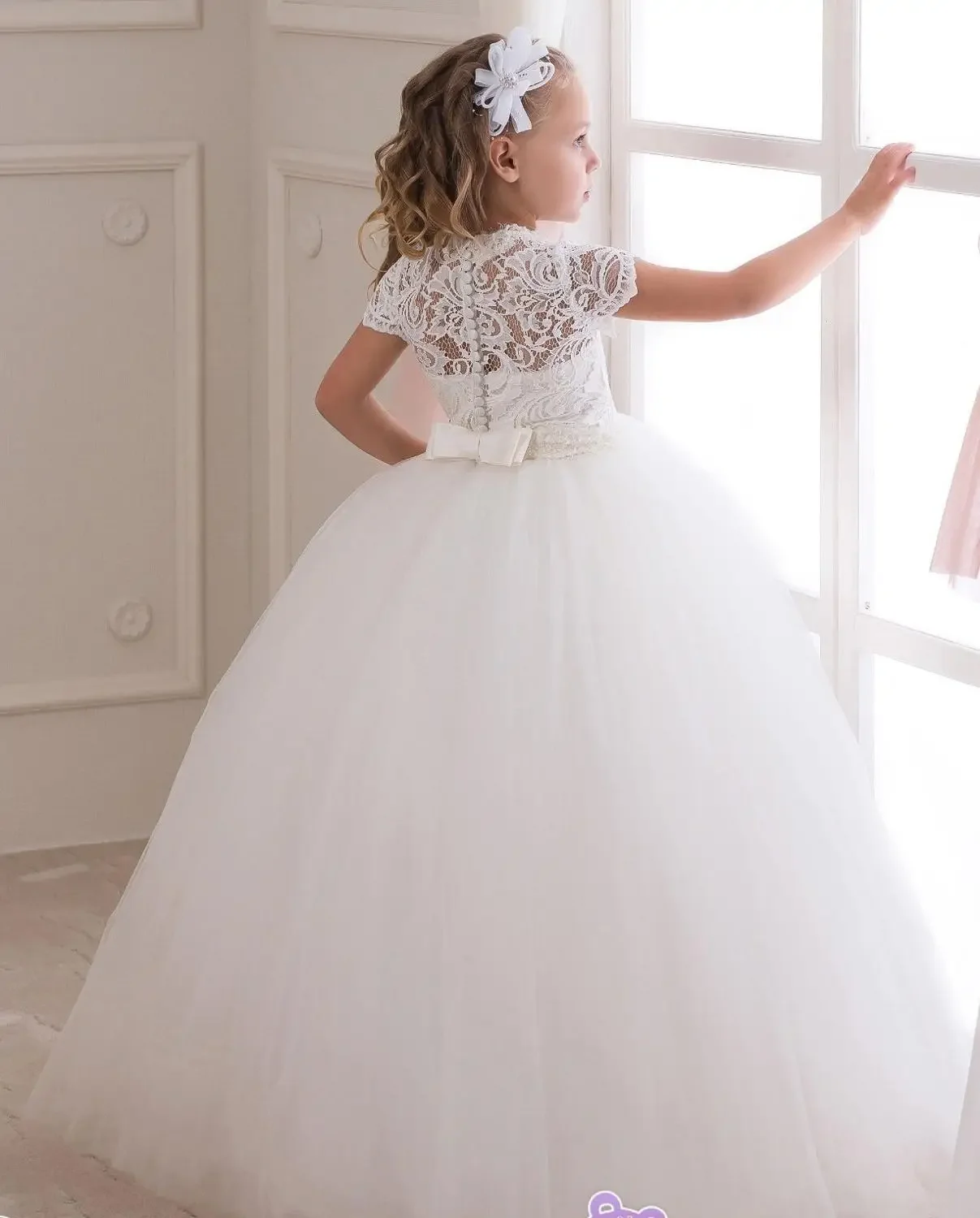 Fluffy Pageant Short Sleeve Kids Simple Princess Gowns White Lace Ball Gown Flower Girl Dresses For Wedding Birthday Party