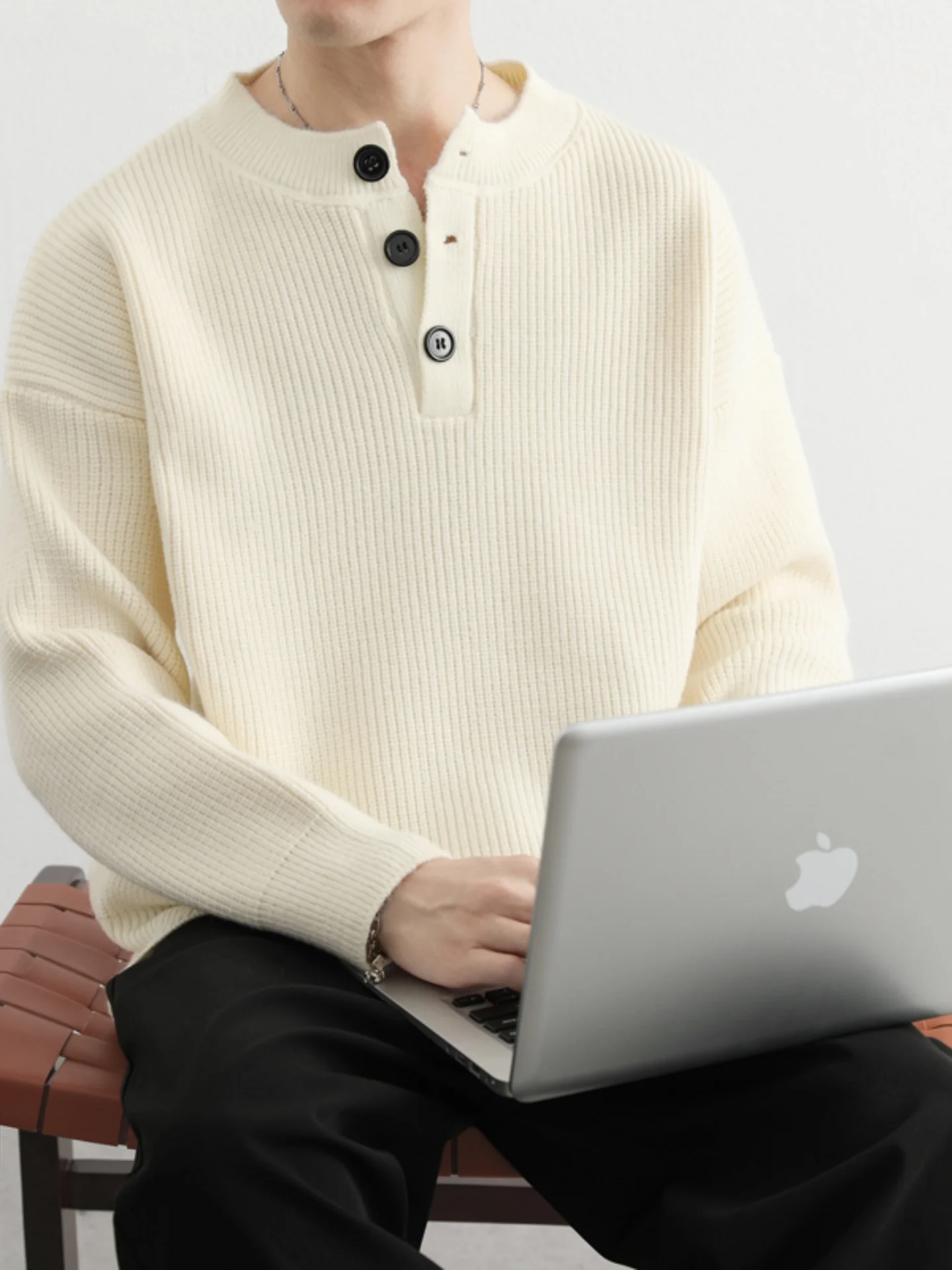 

Loose Fit Men's Knitted Sweater Henry Collar Long Sve Basic Sle Comfortable Autumn Base Layer irt Casual Loose Sle