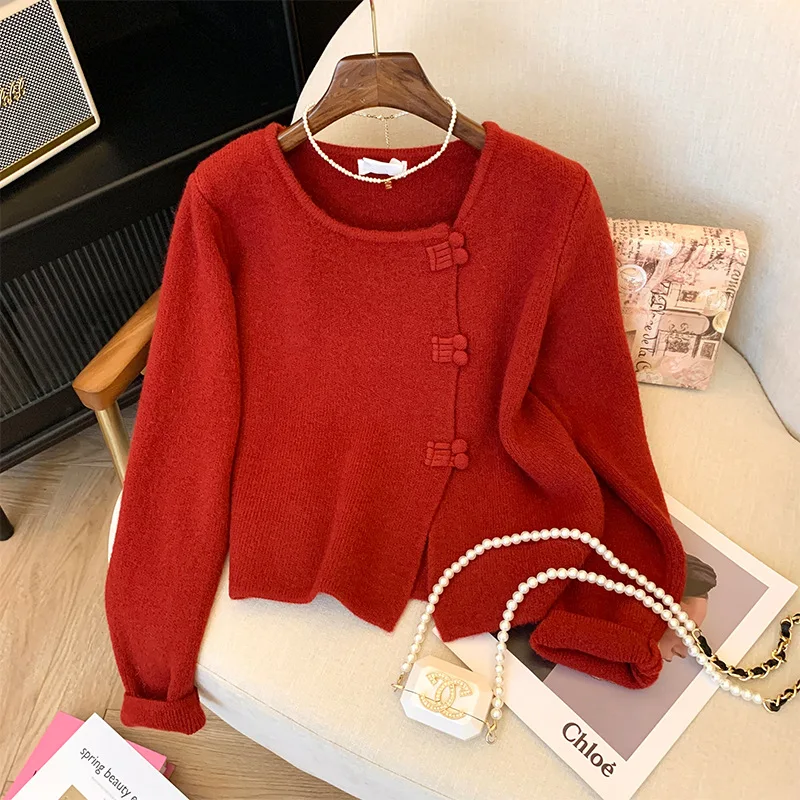 New Chinese Style Plate Button Knitted cardigan Women's 2024 Autumn & Winter Gentle wind Irregular Jumper Jacket Women's