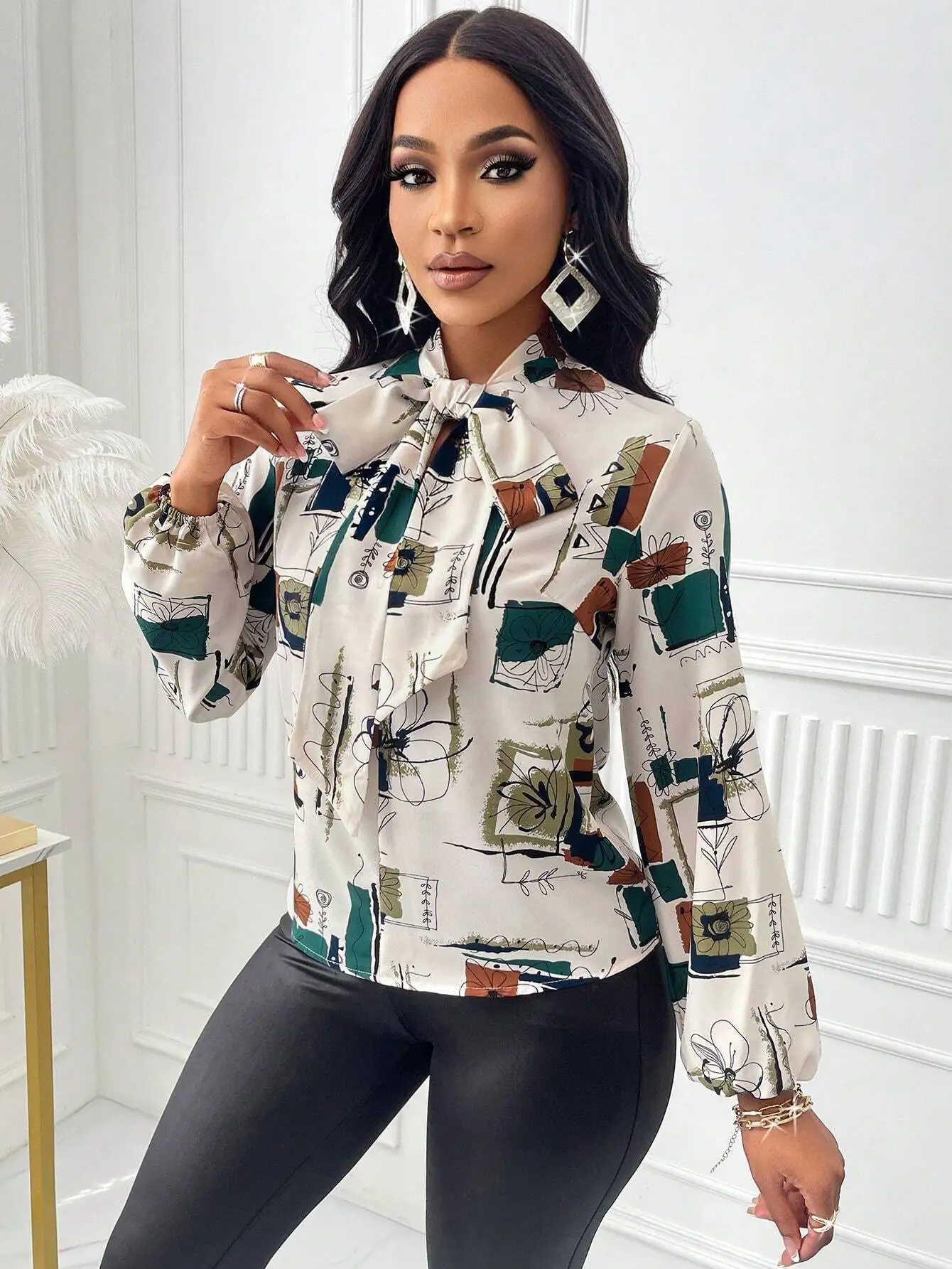 

Elegant Floral Print Bow Collar Long Sleeve Blouse For Women Casual Office