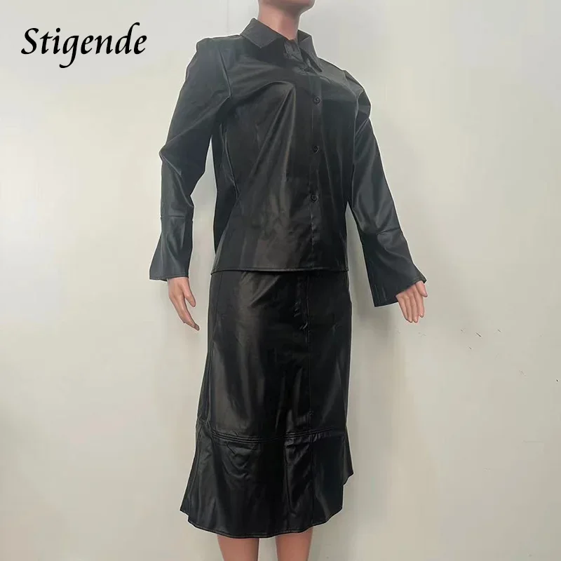 Stigende Black Faux Leather Two Piece Set Women Button Pu Shirt and Skirt Casual Patchwork Bodycon Outfits