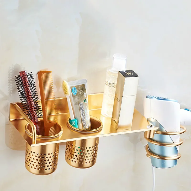 Multi-function Bathroom Hair Dryer Holder Wall Mounted Rack Aluminum Hair Dryer Shelf Storage Organizer Bathroom