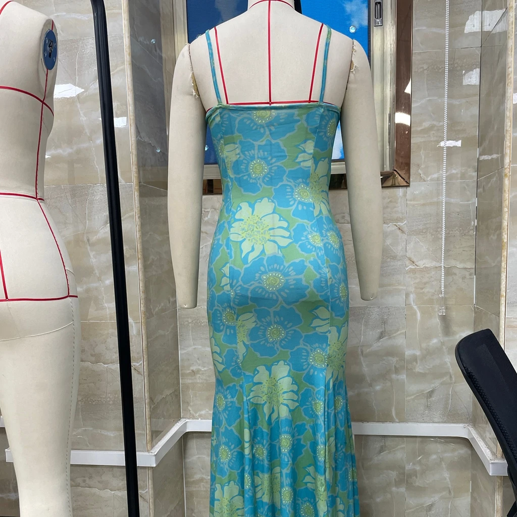 Vrouwen Kanten Bloemen Spaghetti Jurk Slanke Sweetheart Hals Mouwloze Lange Bodycon Fishtail Jurk voor Party Club