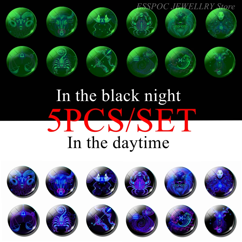 

5PCS/SET Luminous Zodiac Sign 25mm Glass Cabochon Handmade 12 Constellation Jewelry Findings Glowing Diy Making Pendant